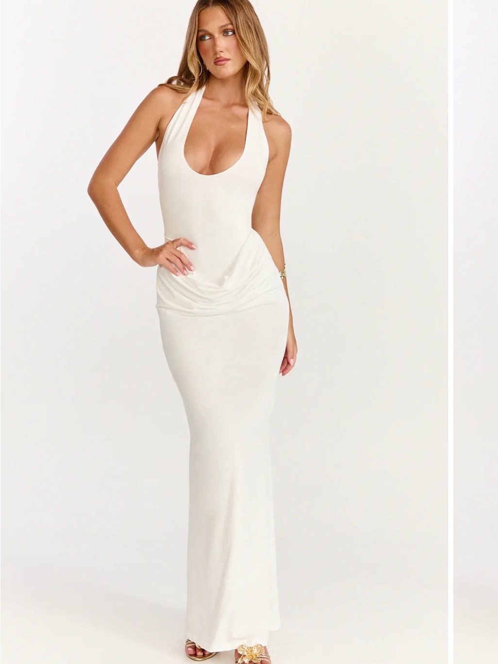 Elegant Cream Halter Maxi Dress - Sleek, Figure-Flattering Style